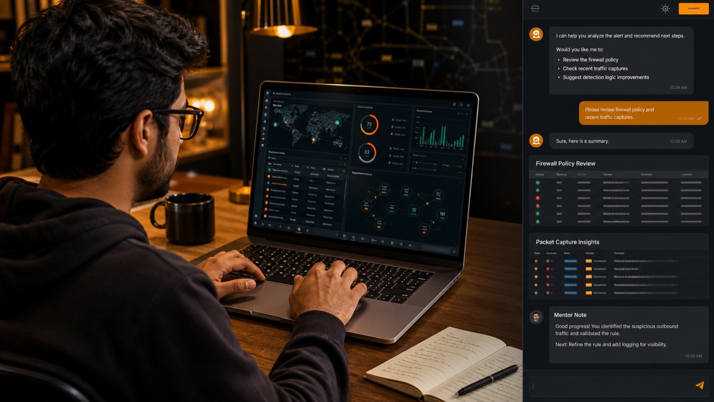 Cybersecurity student using an AI-assisted study workflow beside firewall policy and packet capture lab screens