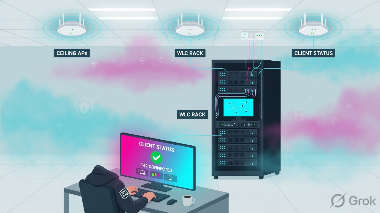 Night-shift operations desk with five glowing Aruba proof tiles on a wall monitor