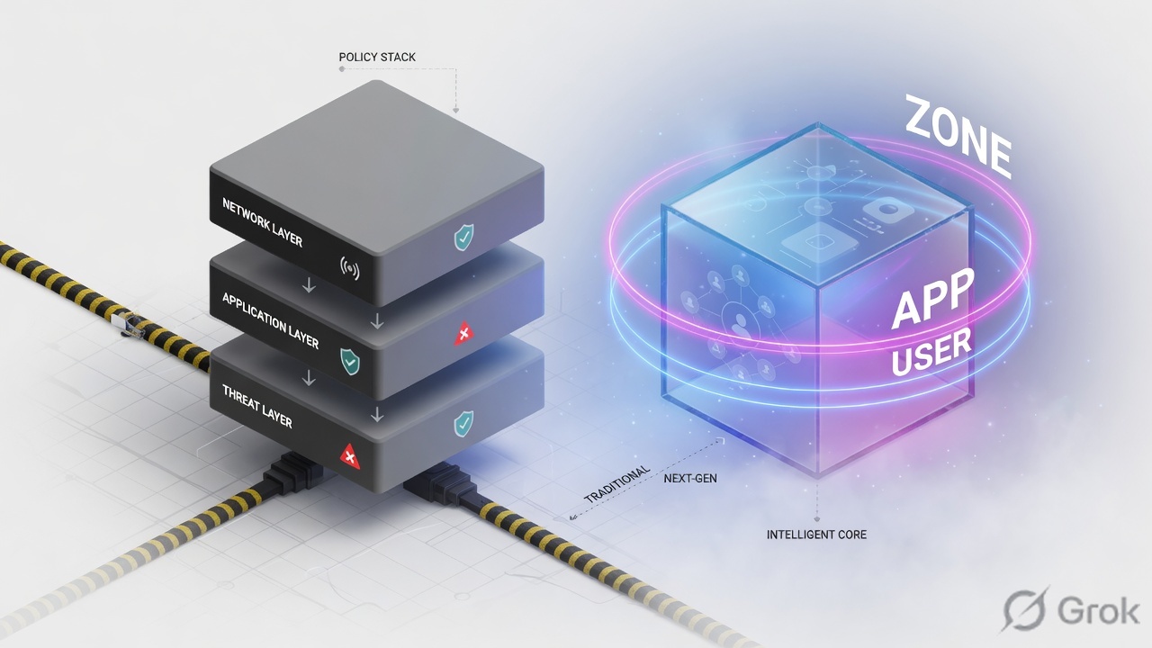 Layered traditional policy stack beside a next-generation zone App-ID and user cube