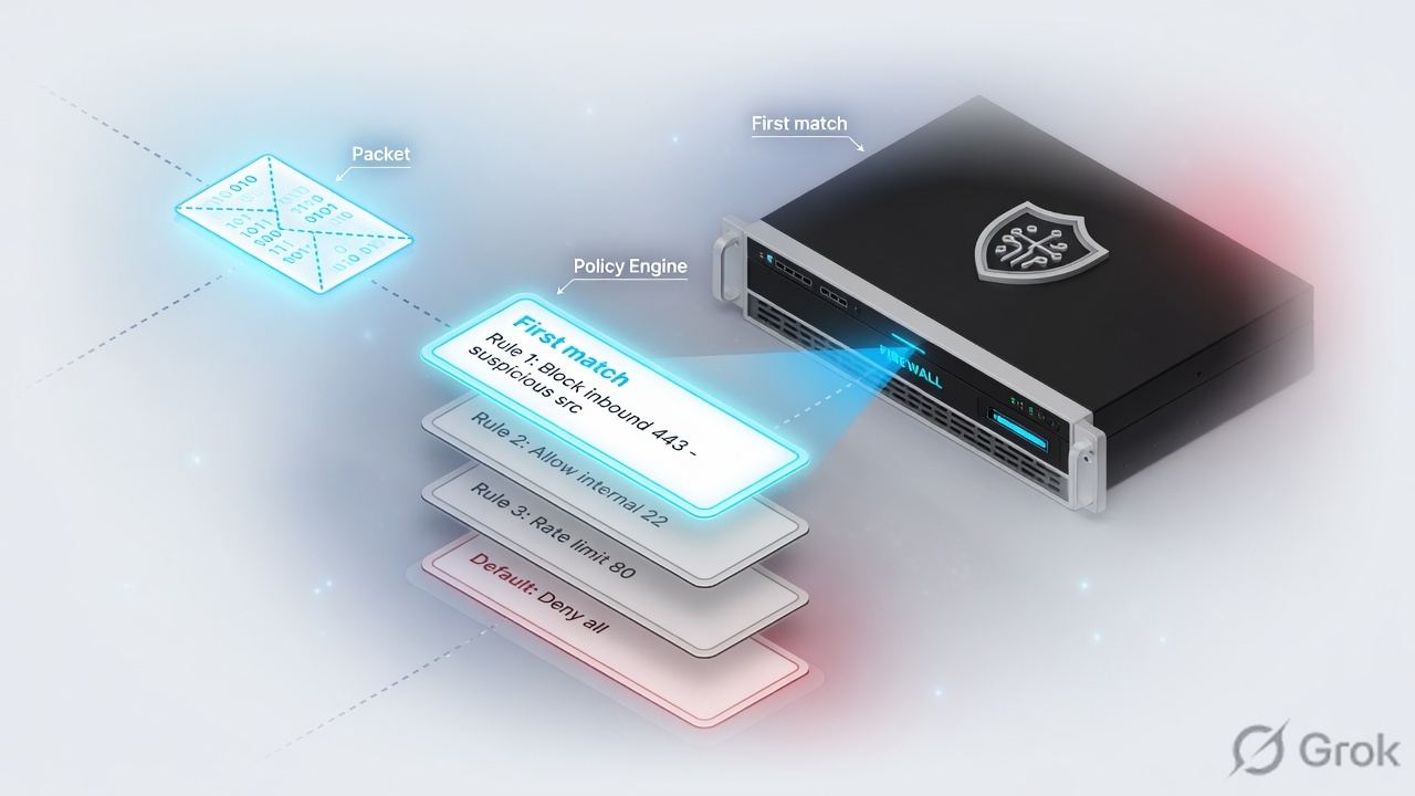 Packet approaching a firewall while the first matching policy card lights up