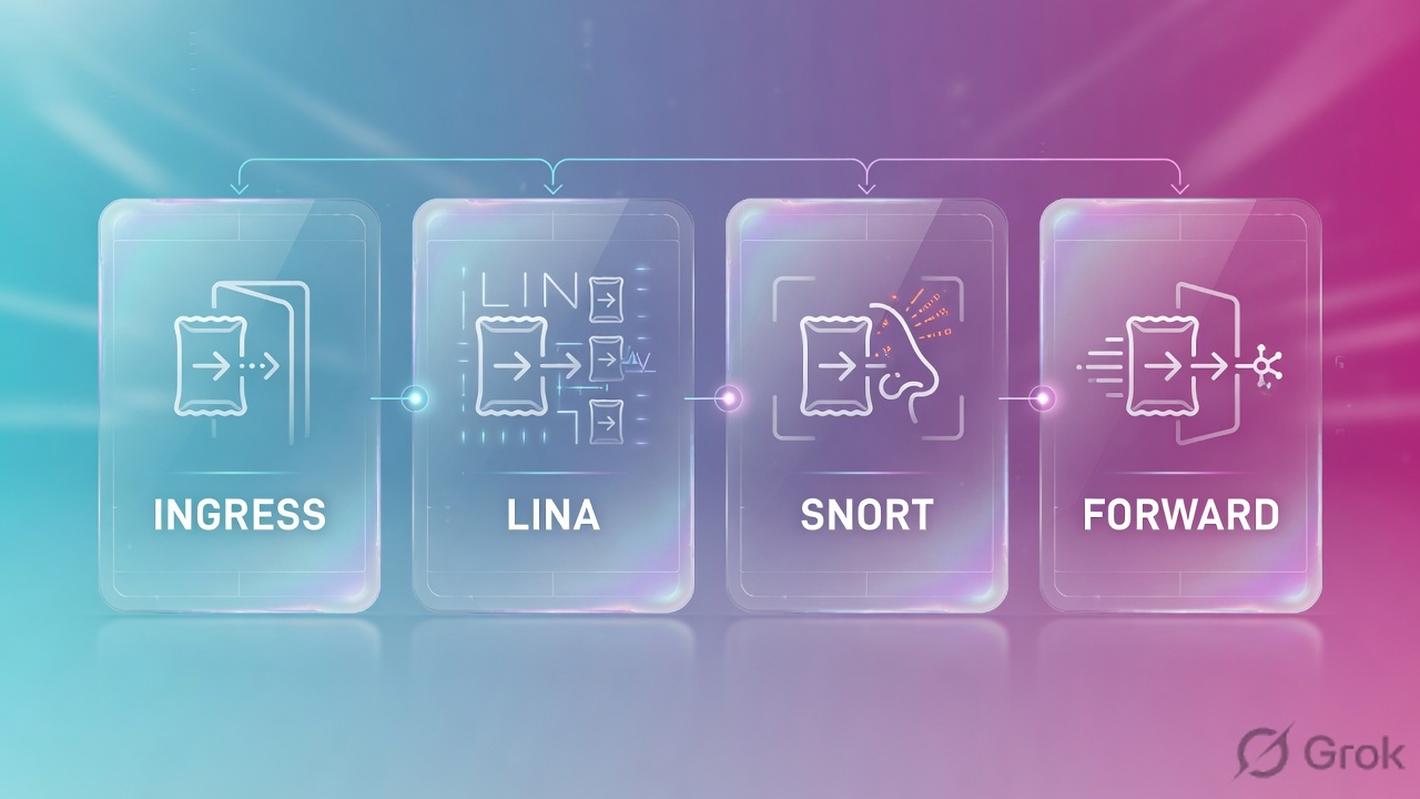 Teaches: packet stations Ingress, LINA, Snort, Forward — FMC is not a station