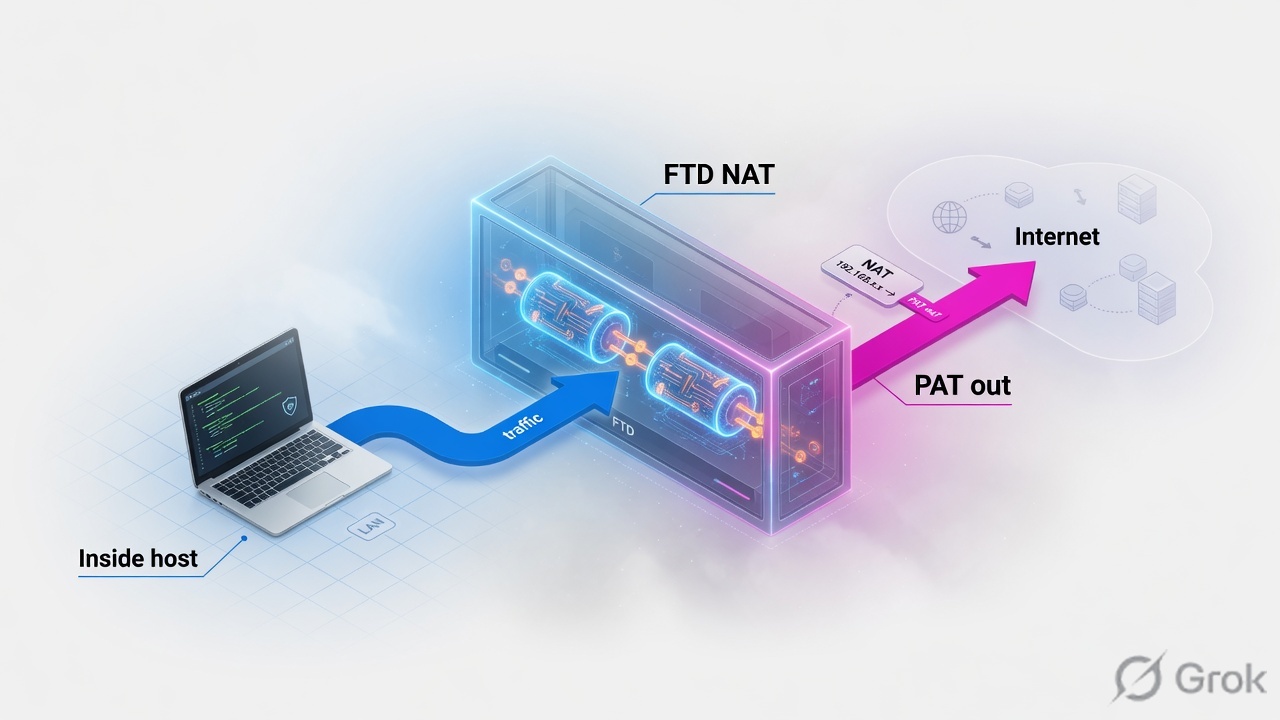 Inside host traffic passing Threat Defense NAT toward the internet