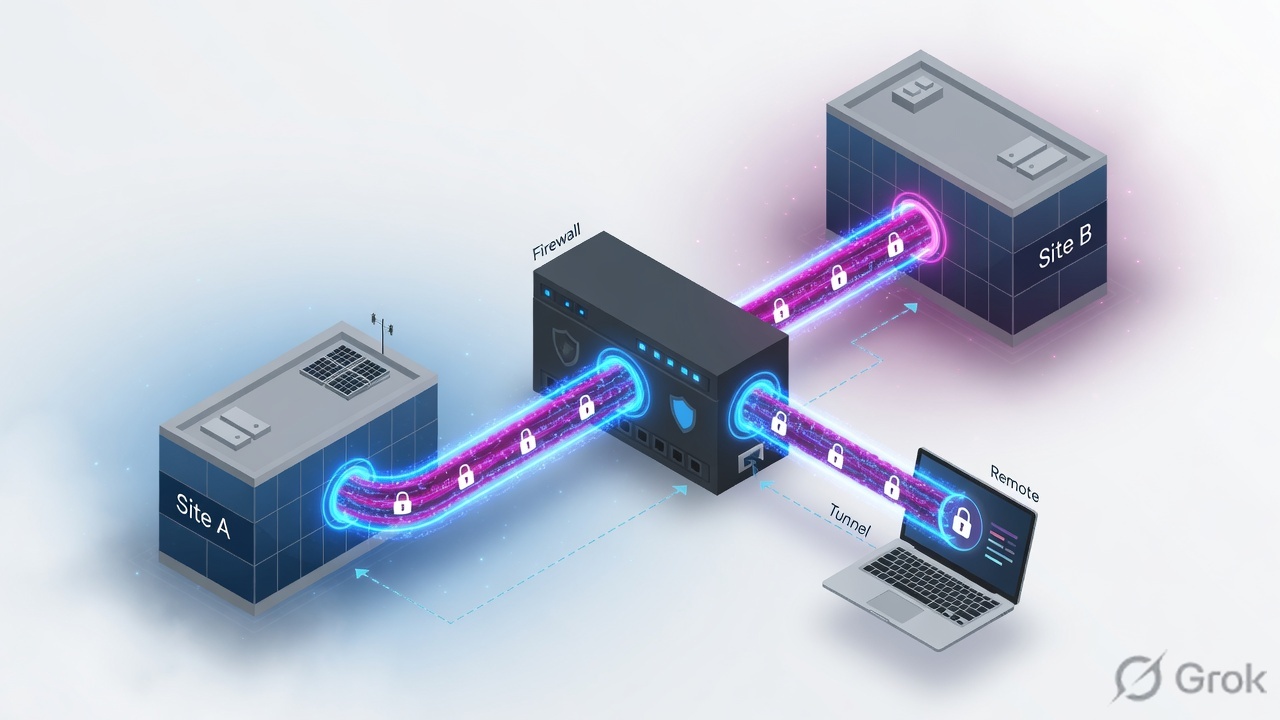 Two sites and a remote laptop connected through an encrypted tunnel on a firewall