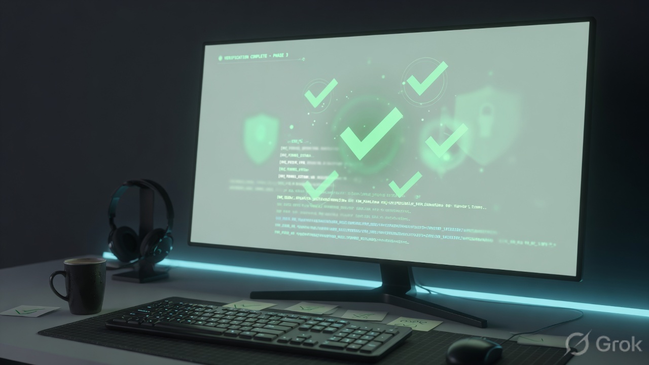 Operations desk with a monitor showing health checks after a VPN deploy