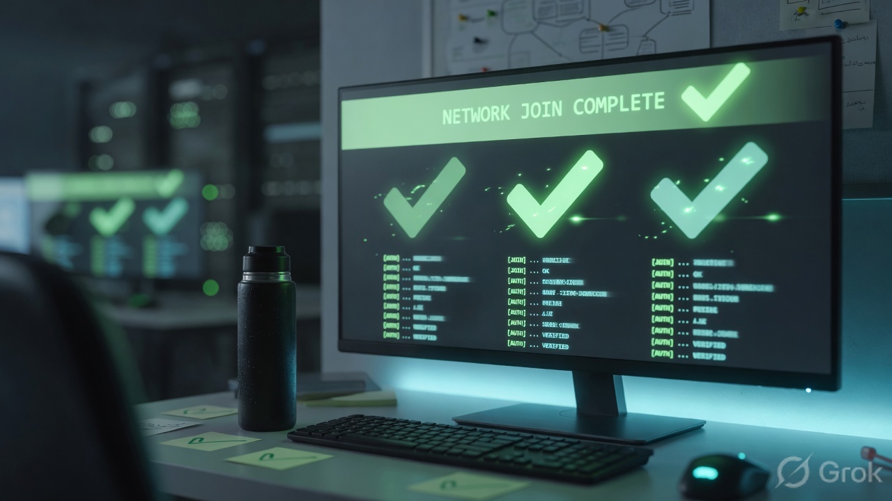 Operations desk with a monitor showing green health checkmarks