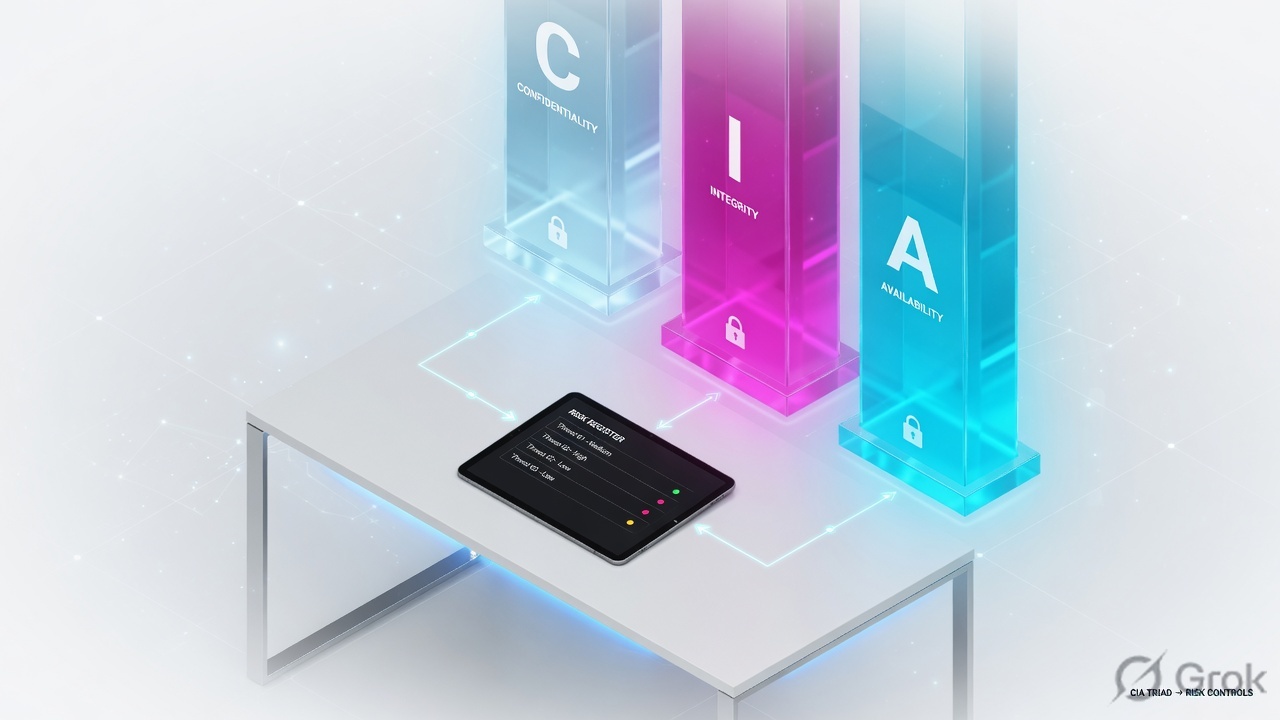 Three glass pillars labeled C, I, and A standing on a table next to a risk-register tablet