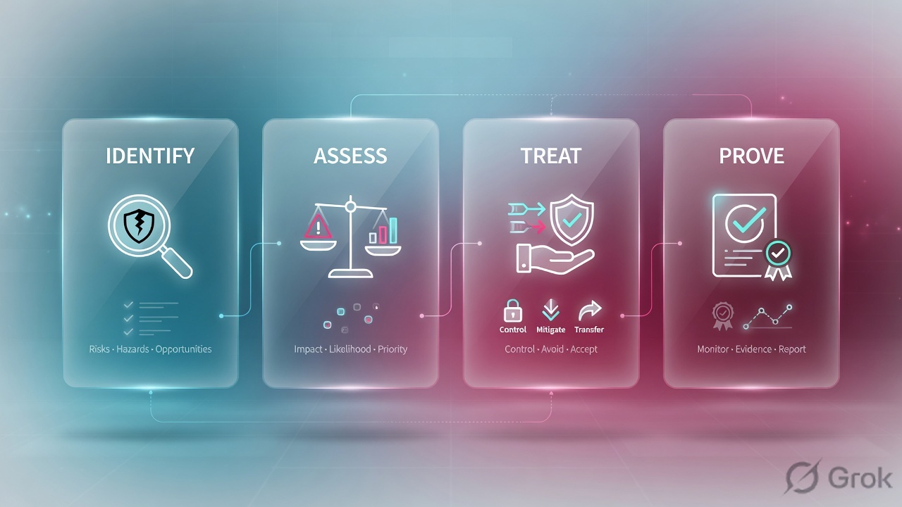 Four glass panels labeled Identify, Assess, Treat, and Prove