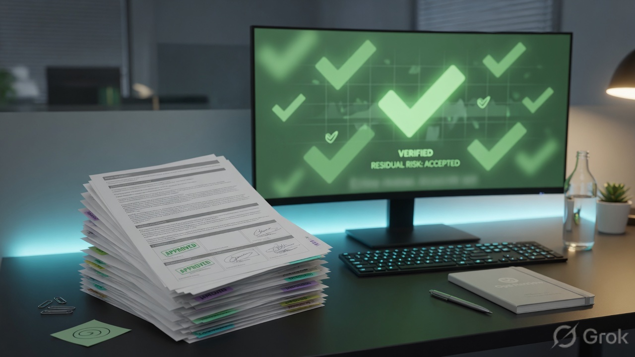 Operations desk with signed documents and a monitor showing residual risk accepted