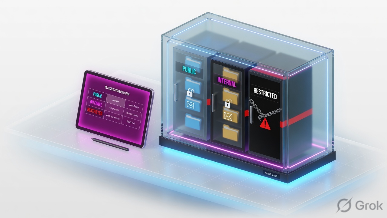 Classification register tablet beside a glass vault with Public, Internal, and Restricted cabinets