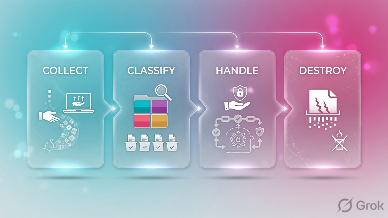 Four glass panels labeled Collect, Classify, Handle, and Destroy