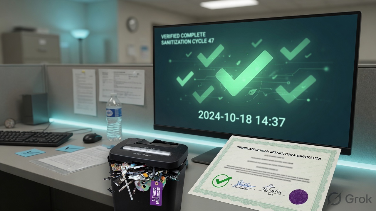 Operations desk with a media-destruction certificate and a monitor showing a completed sanitization check