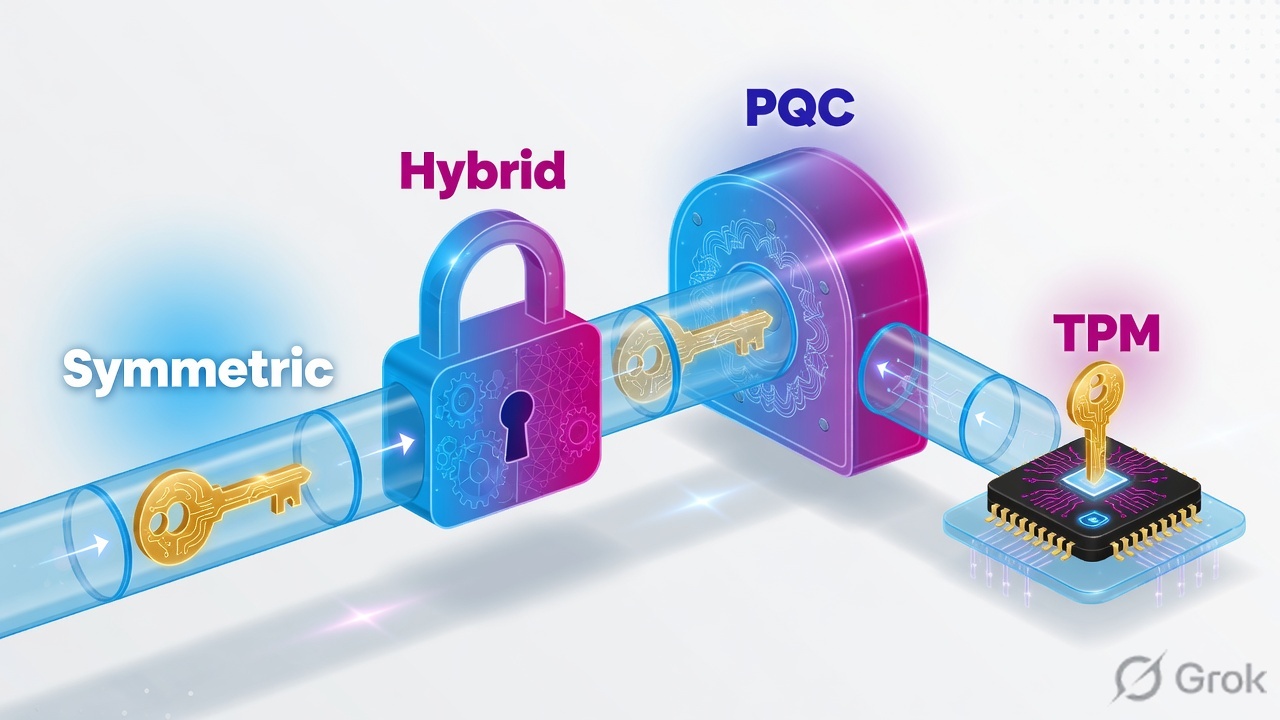 Pipeline from a shared key through a hybrid lock to a post-quantum vault and a TPM chip