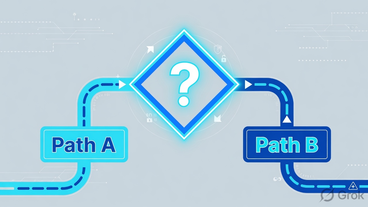 A glowing decision diamond splitting into Path A and Path B