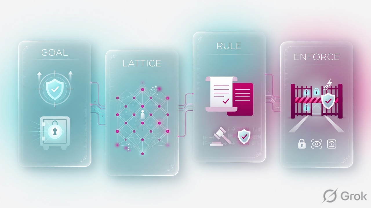 Four glass panels labeled Goal, Lattice, Rule, and Enforce
