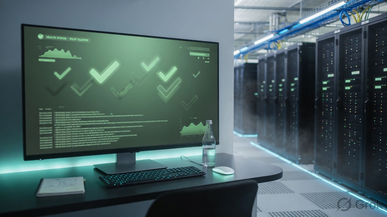 Operations desk and data-center aisle with health checks confirming the pilot path