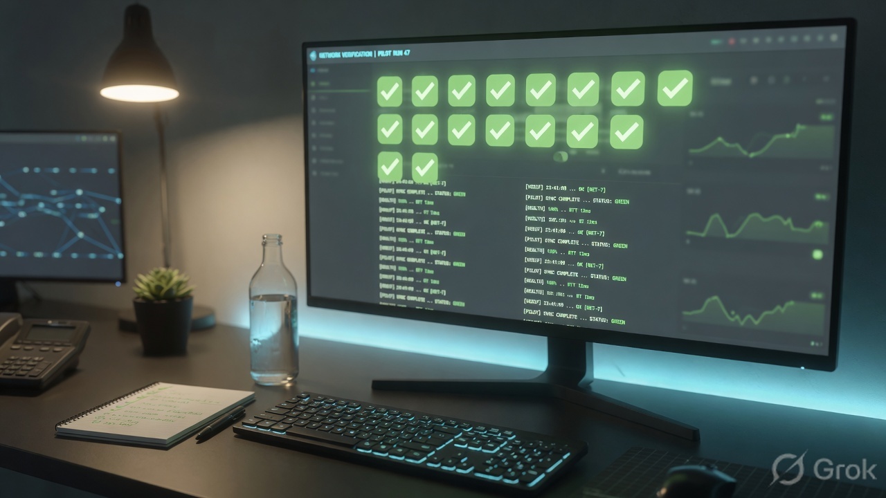 Operations desk with health checks confirming the pilot path