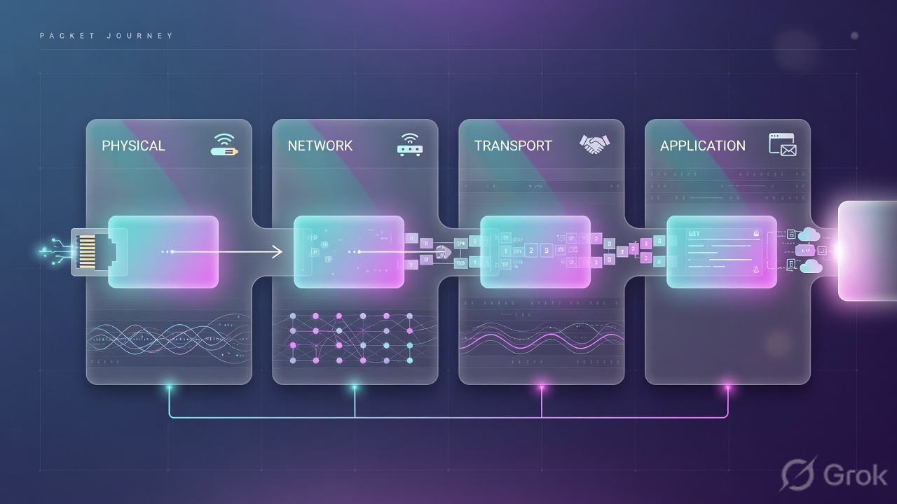 Packet journey through Physical, Network, Transport, Application layers