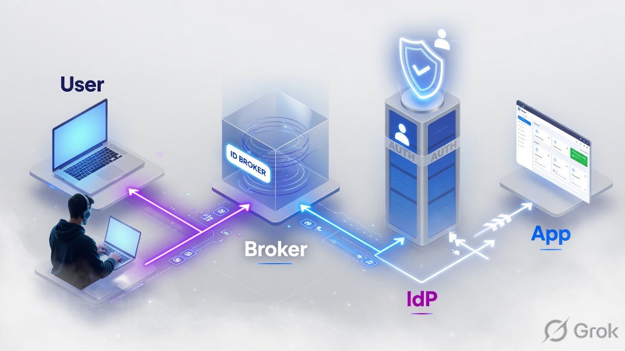 User device connecting through an identity broker to an IdP, then to one application