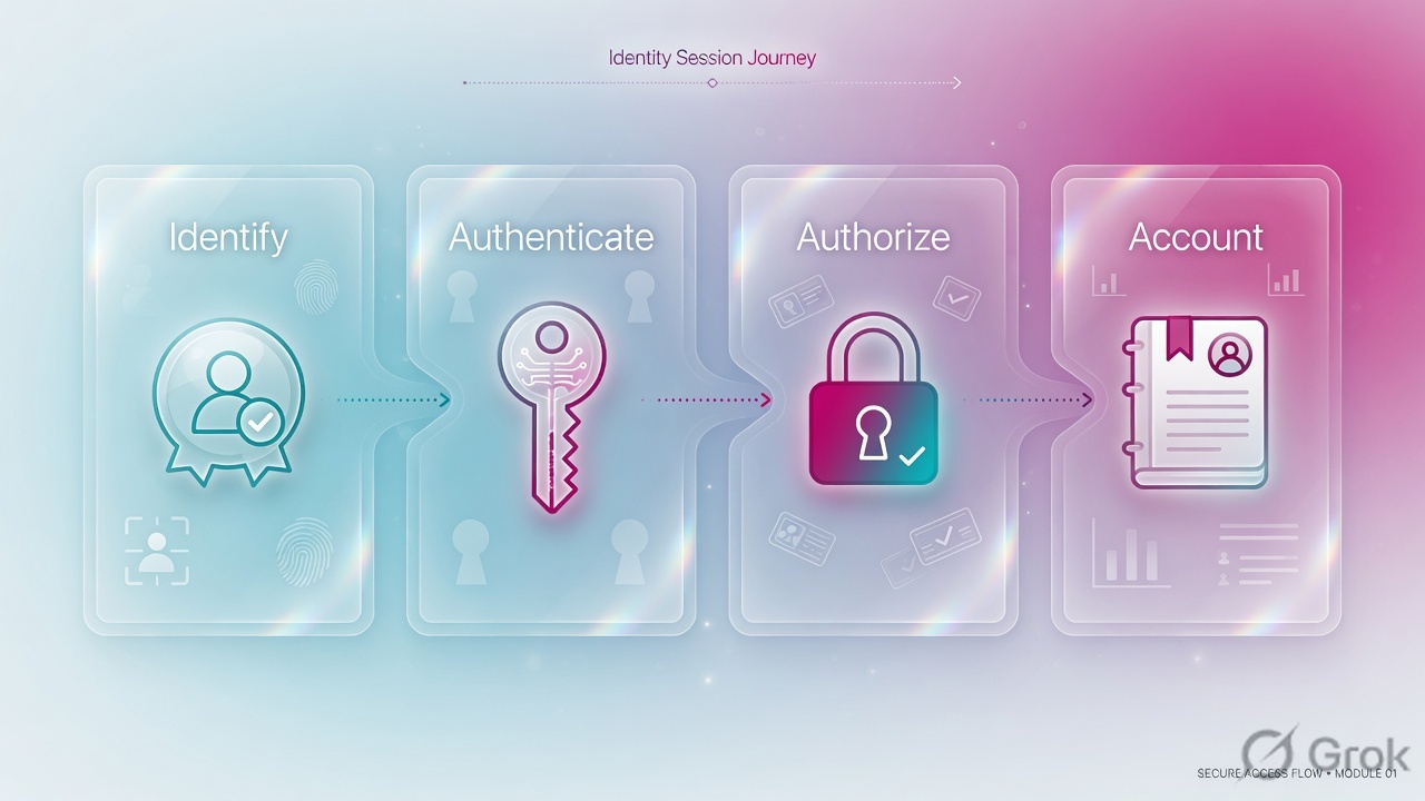 Four glass panels labeled Identify, Authenticate, Authorize, and Account
