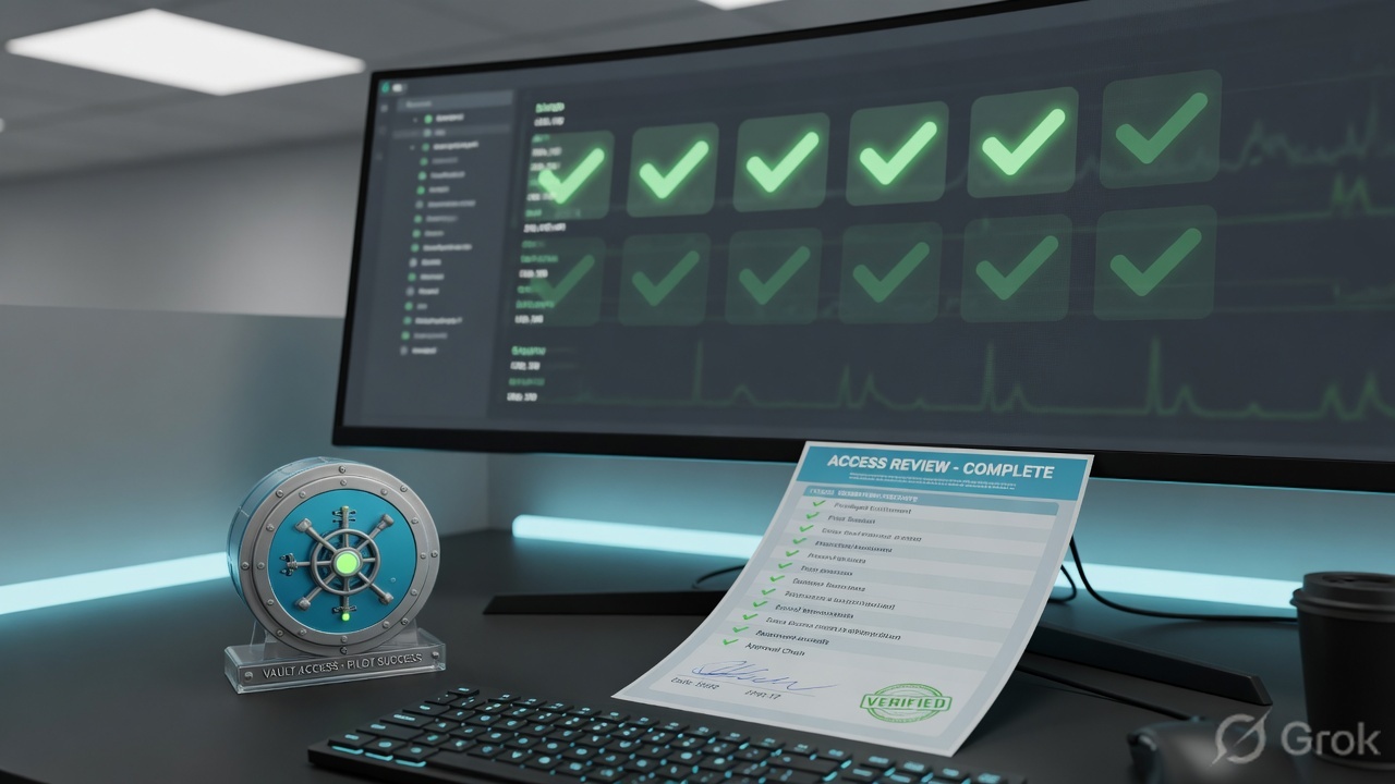 Operations desk with a monitor of health checks and a privileged-access review pack