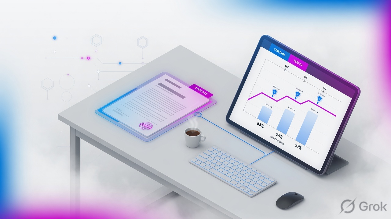 Operations desk with an evidence folder and a tablet showing a control-effectiveness timeline