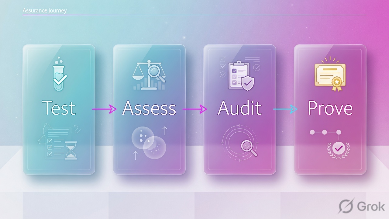 Four glass panels labeled Test, Assess, Audit, and Prove