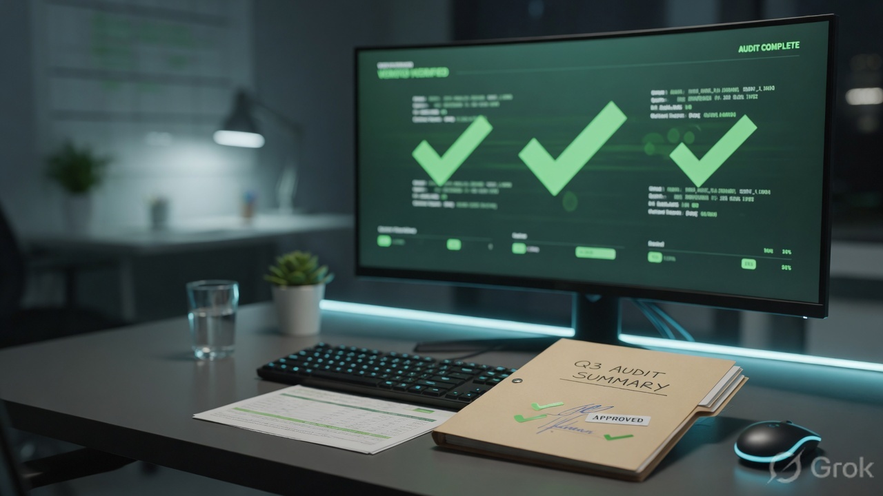 Operations desk with signed report and monitor showing health checkmarks