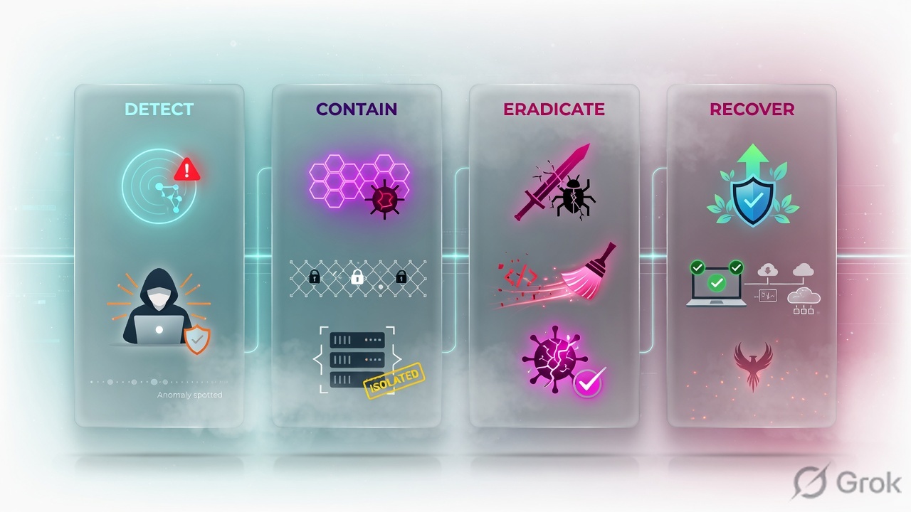 Four glass panels labeled Detect, Contain, Eradicate, Recover