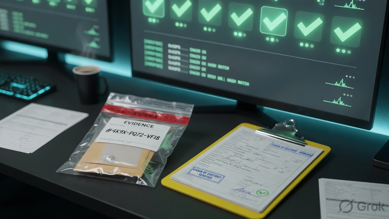Operations desk with sealed evidence bag, custody clipboard, and green health checks
