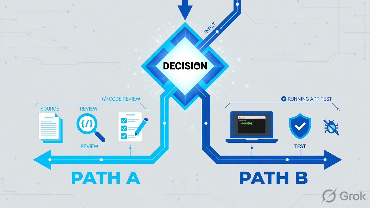 A decision diamond splitting into Path A source review and Path B running-app test