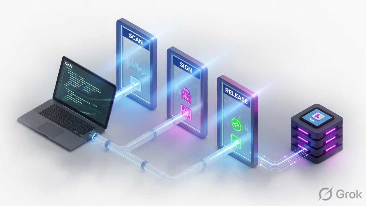 Developer laptop connecting through scan, sign, and release gates to a running application