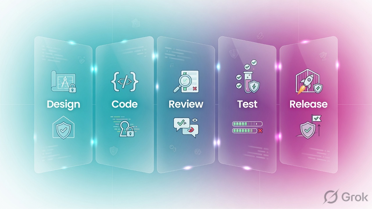 Five glass panels labeled Design, Code, Review, Test, and Release