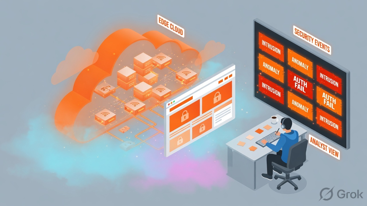 Night-shift WAF war-room with Security Events Action and Rule highlighted on a wall monitor