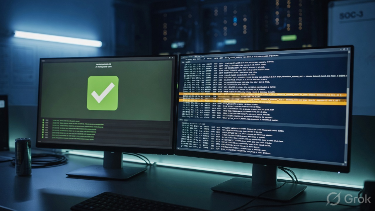 Operations desk with a verified WAF exception on one monitor and a highlighted Security Events skip row on the other
