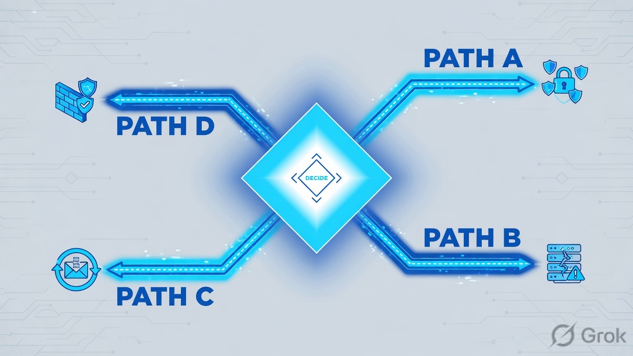 Decision diamond splitting into four proof paths