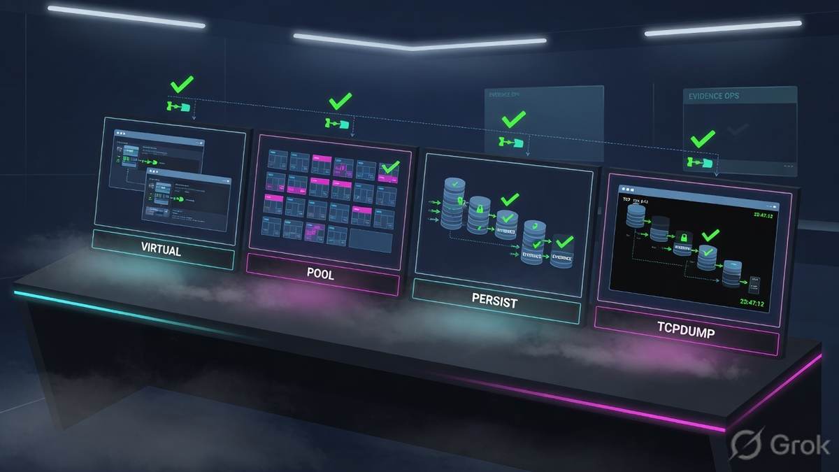 Night evidence desk with four proof monitors: virtual, pool, persist, tcpdump