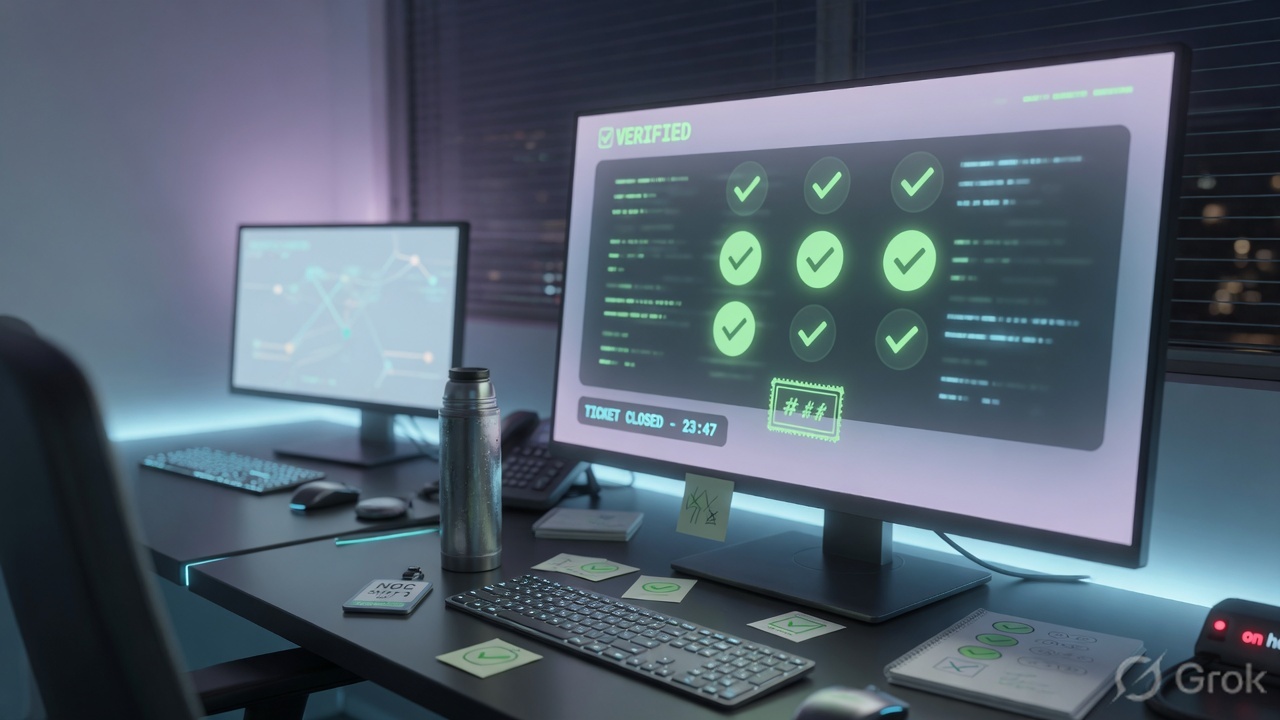 Operations desk closing a ticket with green health checks