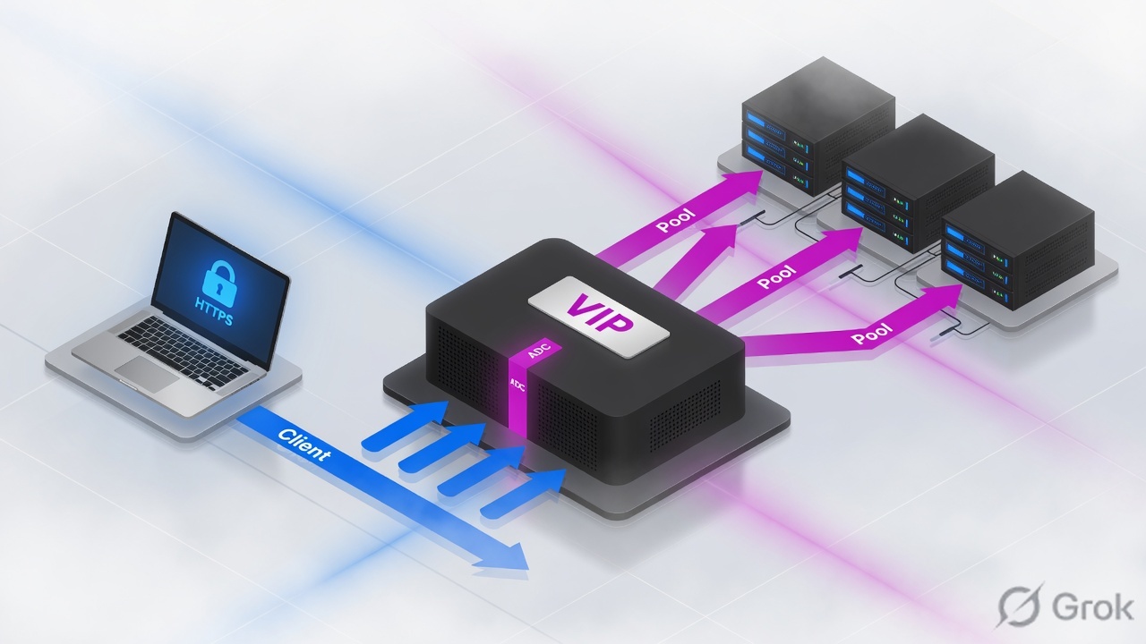Client reaching a BIG-IP virtual IP, then a pool of application servers