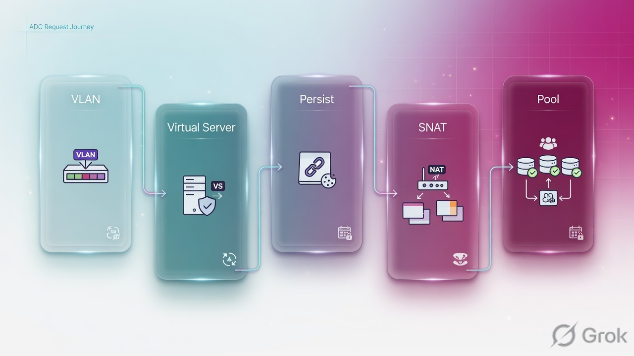 Five stations of an LTM request: VLAN, virtual server, persist, SNAT, pool