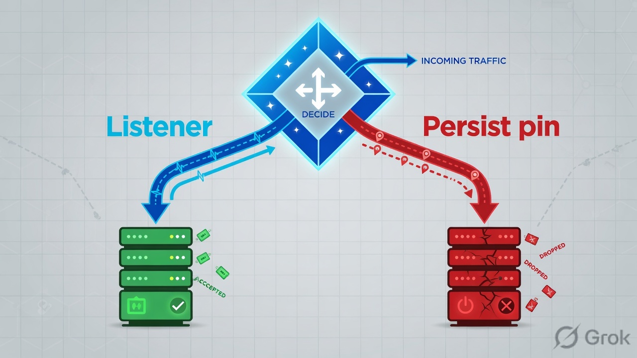Teaches: incoming traffic decides between a healthy listener path and a persist pin to a down member