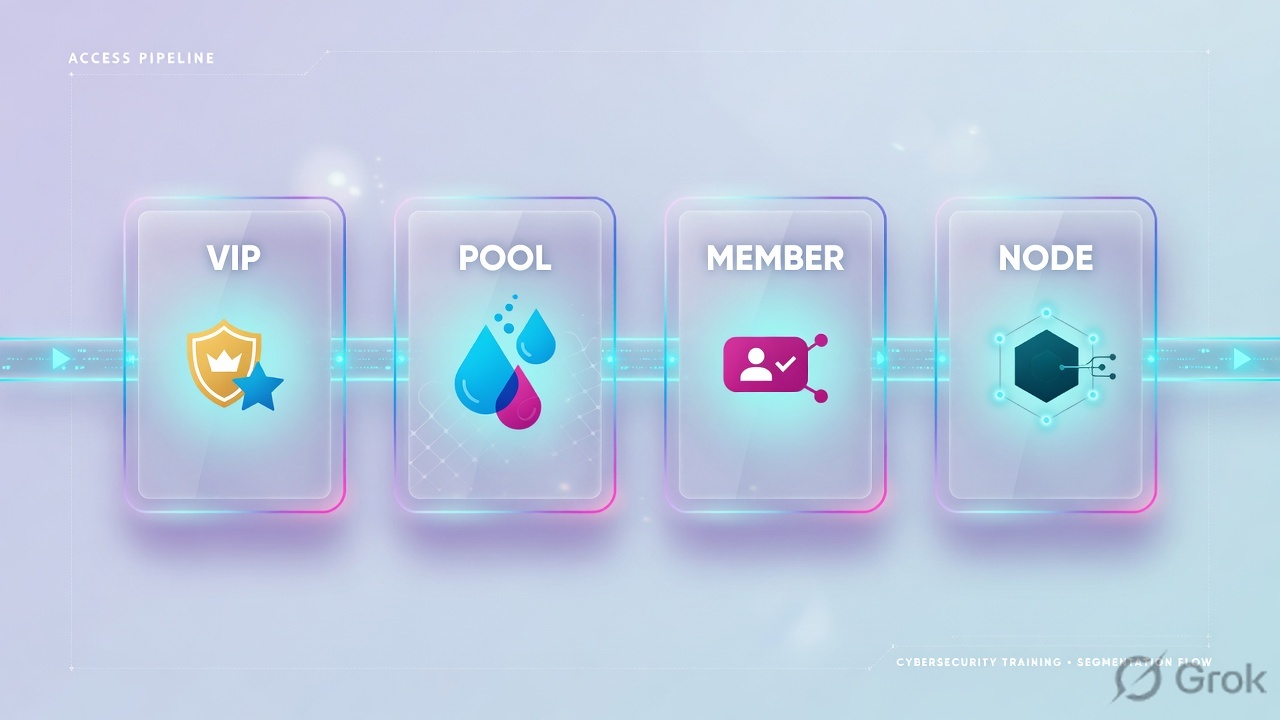 Teaches: VIP then pool then member then node as four separate factory stations