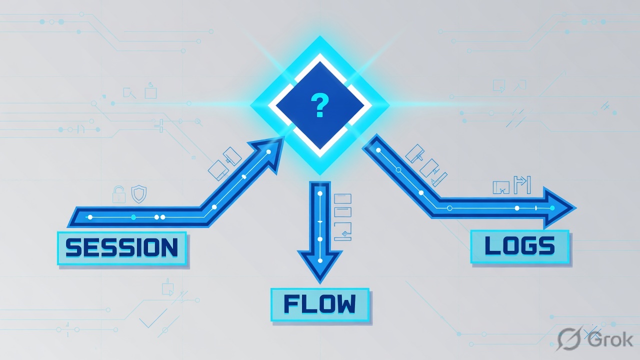 Teaches: first tool is a three-way split — session, flow, or logs