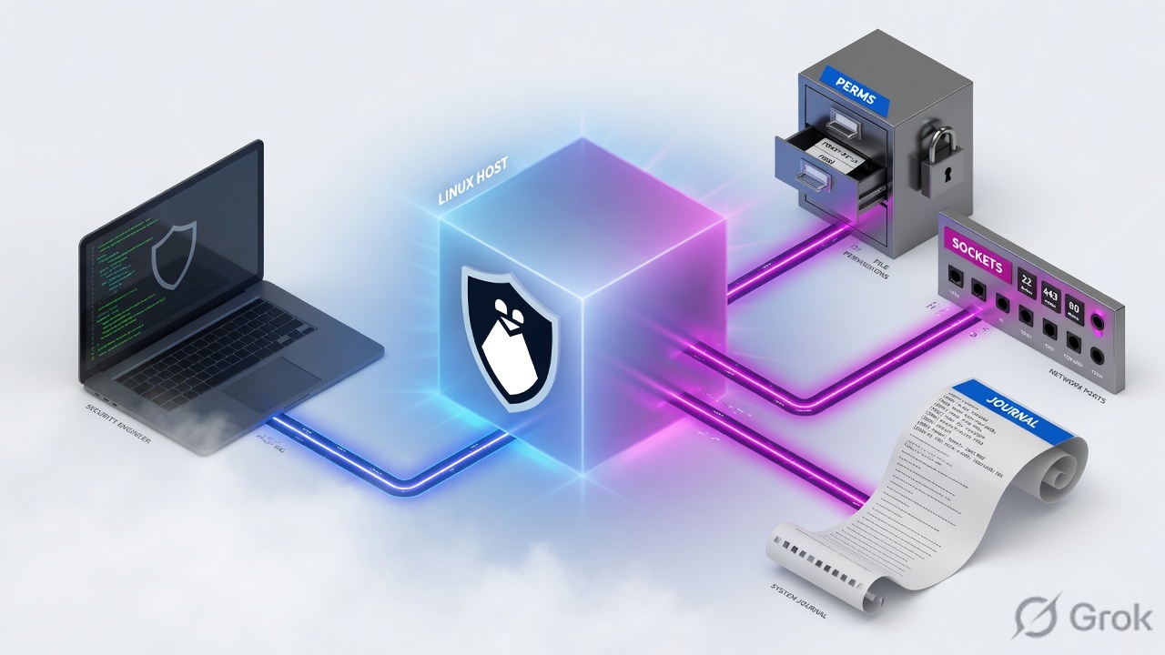 Security engineer laptop connecting through a Linux host that fans out to permissions, sockets, and the system journal