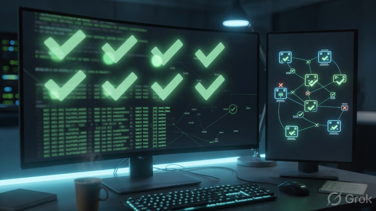 Operations desk with green health checks and a second screen of abstract sockets