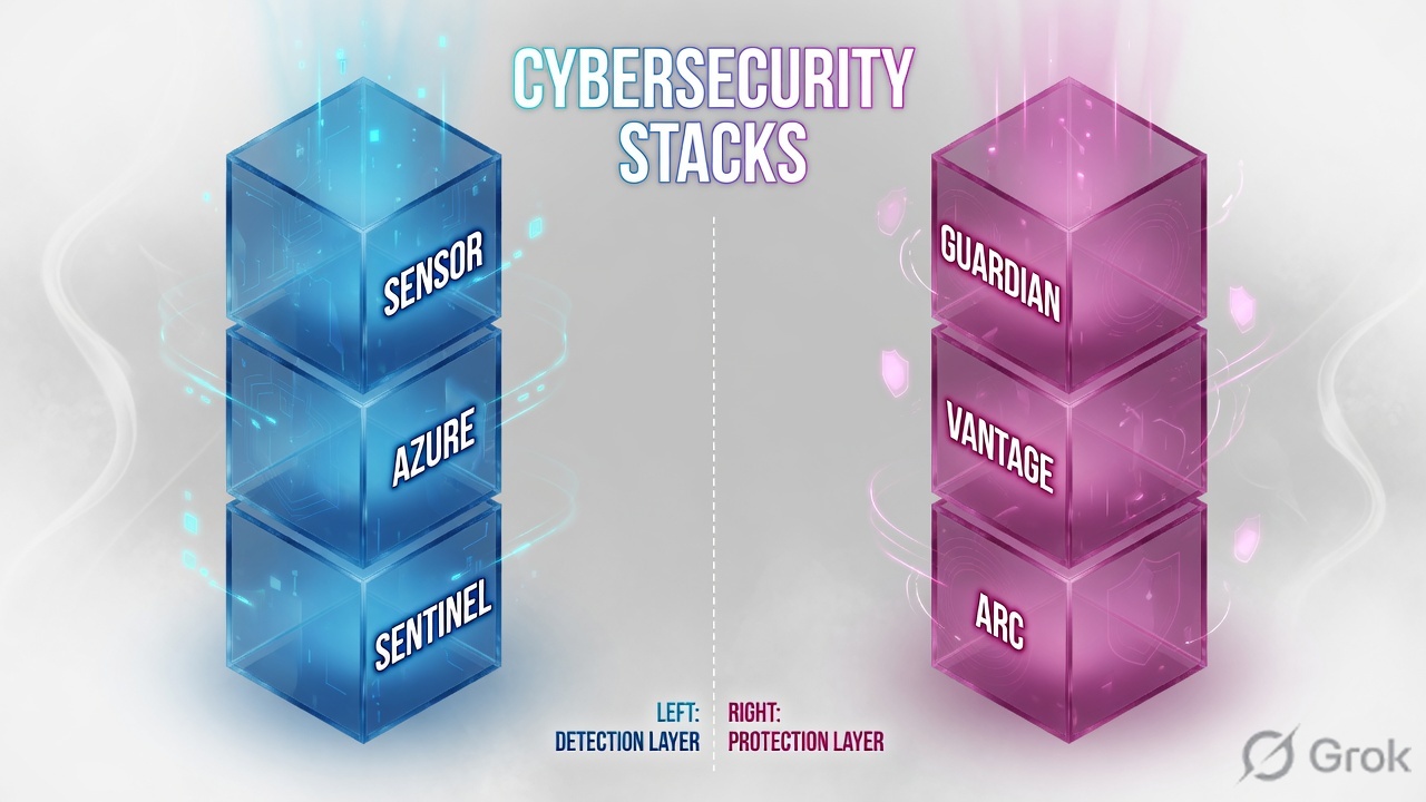 Two parallel stacks: sensor-cloud-SOC versus Guardian-Vantage-Arc