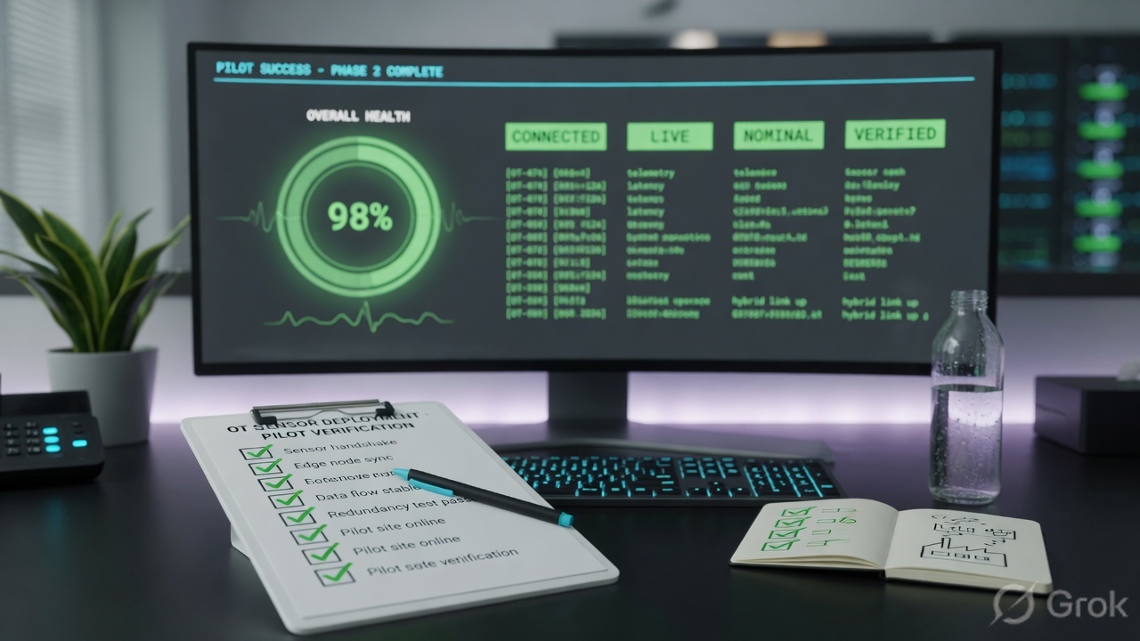Operations desk verifying hybrid OT sensor health and a deployment checklist