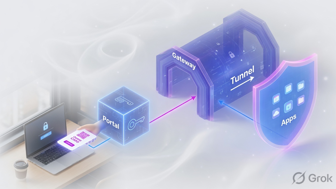 Laptop talks to Portal for config, then Gateway for the tunnel, then apps