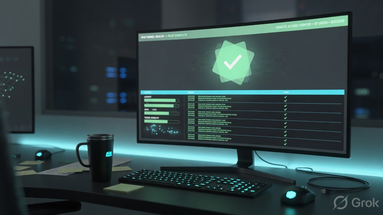 Quiet ops desk with health checks on a monitor