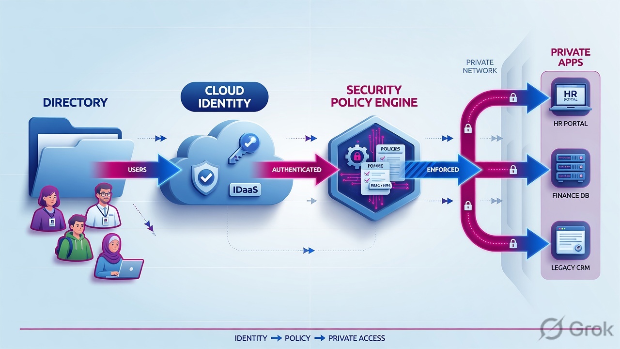 Directory users flowing through cloud identity and a policy engine to inside-out connectors and private apps