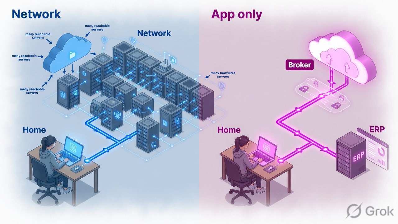 Split scene: home laptop on a full corporate network versus a one-to-one brokered path to ERP only